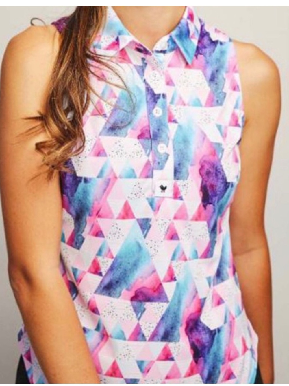 Bad Birdie Calypso Geometric Print Purple & Blue Sleeveless Golf Shirt SZ Large